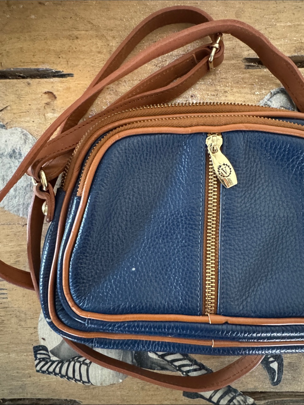 Leather Crossbody Bag in Navy and Brown - Women's Shoulder Bag